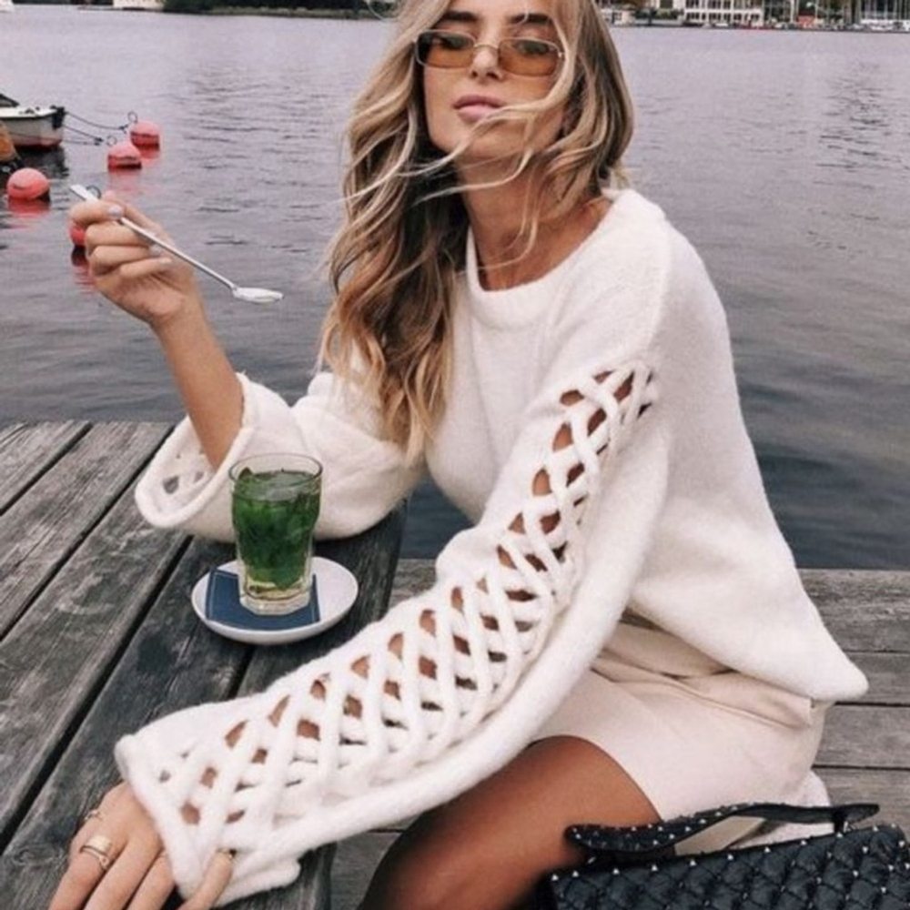 Fate knit Oversized Braided Sleeve Pullover Sweater Off-white cream small